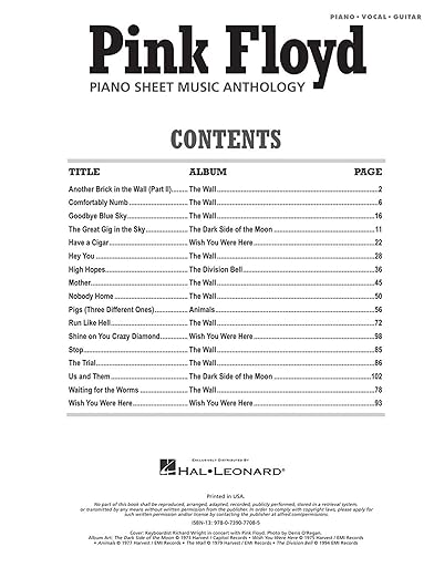 PINK FLOYD ANTHOLOGY PIANO, VOCAL AND GUITAR