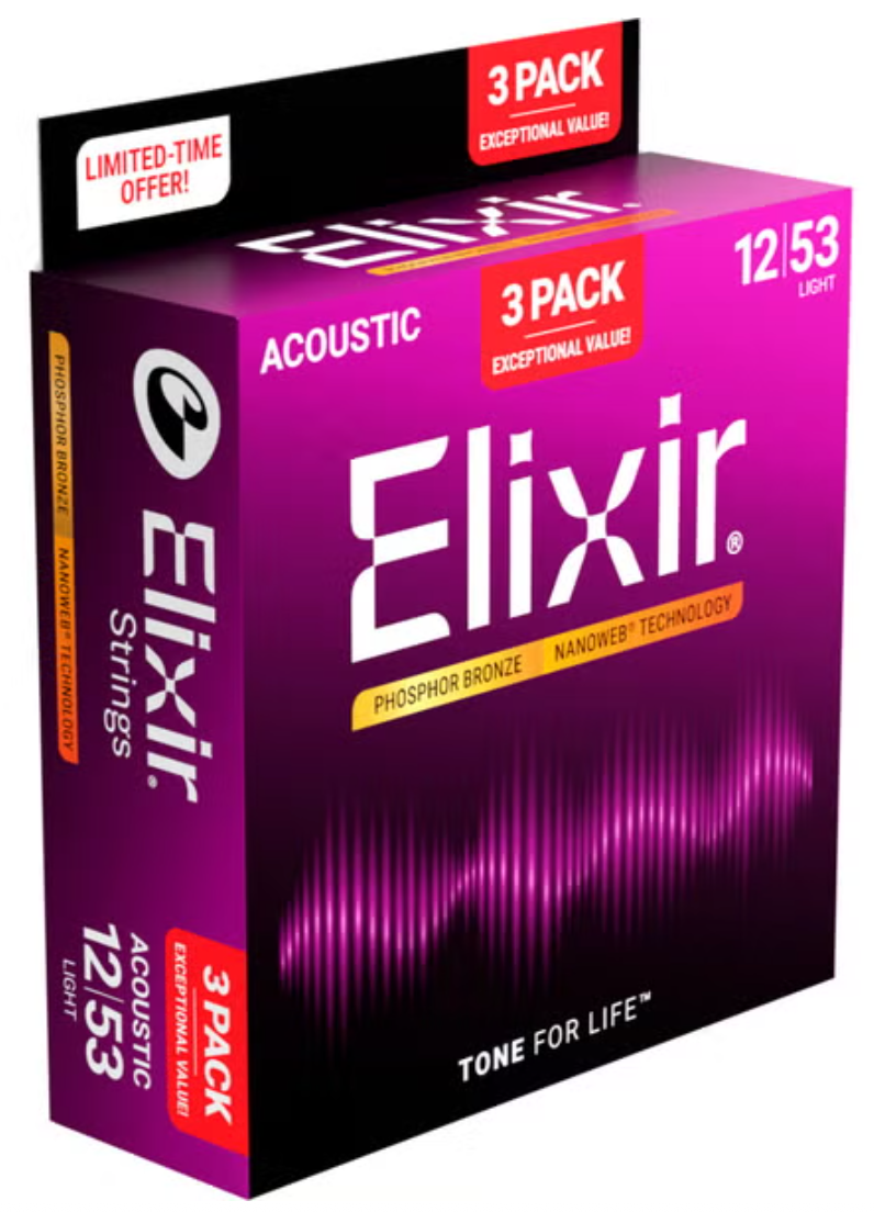Elixir Nanoweb  Phosphor Bronze Acoustic Strings 12-53 Light 3 PACKS