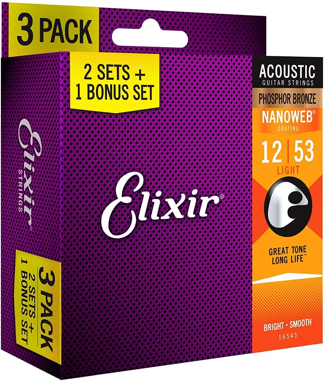 Elixir Nanoweb  Phosphor Bronze Acoustic Strings 12-53 Light 3 PACKS