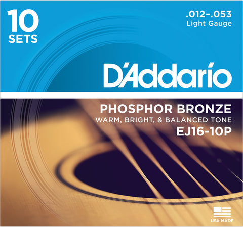 D'Addario EJ16-10P Phosphor Bronze Light (.012-.053) Acoustic Guitar Strings 10 Sets