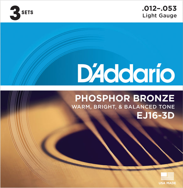 D'addario EJ16 Light Phosphor Bronze Acoustic Guitar strings 3 Pack