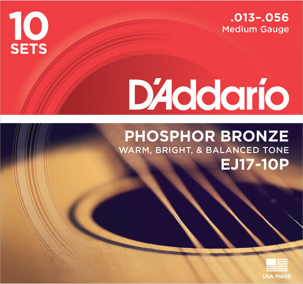 D'Addario EJ17-10P Phosphor Bronze Acoustic Guitar Strings Medium 13-56 10 Sets